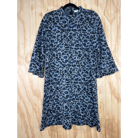 Tyler Boe Blue Black Grey Animal Print Dress Bell Sleeve Flare Size Large A-Line - Picture 4 of 10